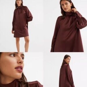 H&M brown satin feel long sleeve dress large